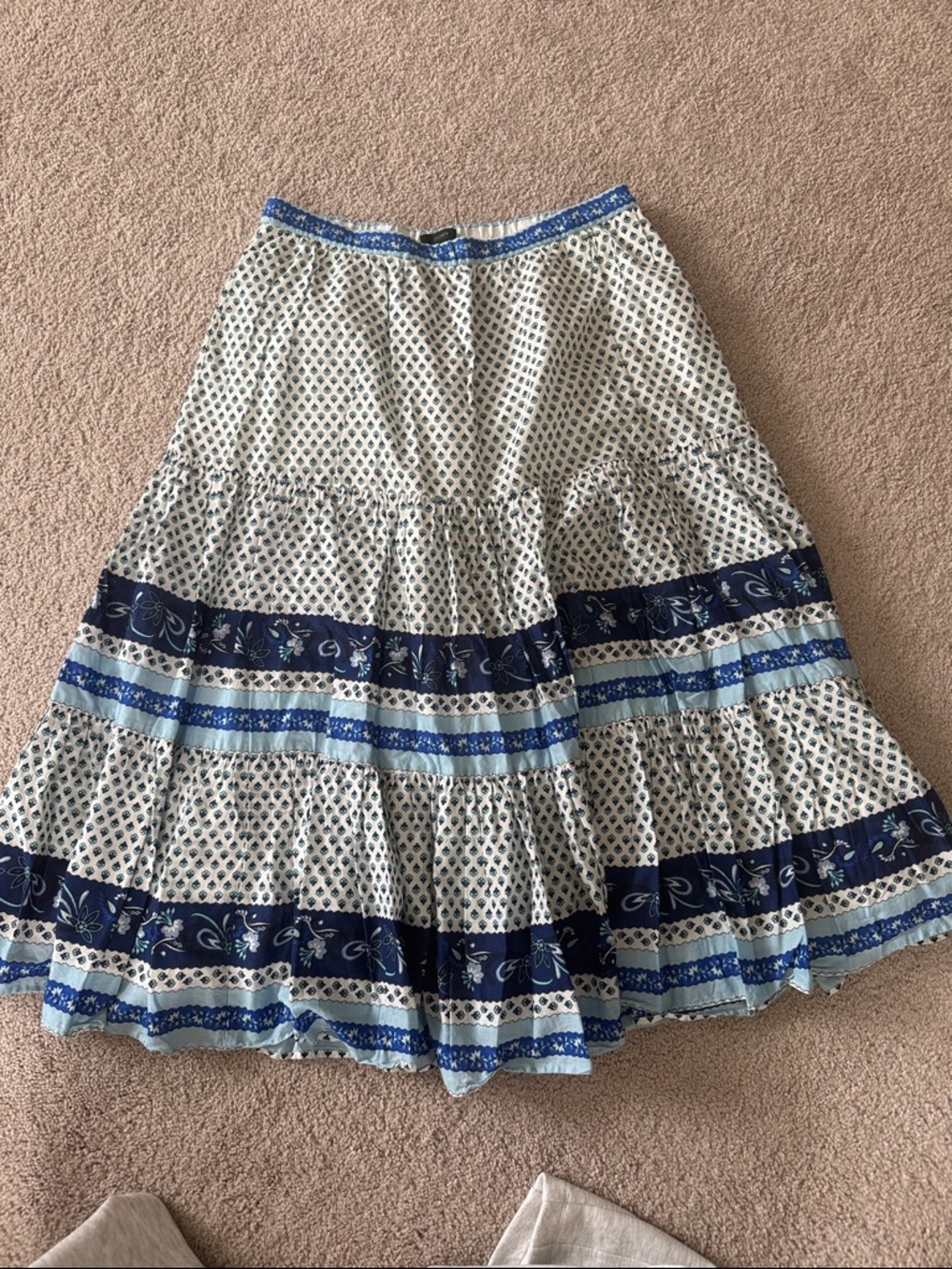 J. Crew Blue and White Tiered Floral Maxi Skirt